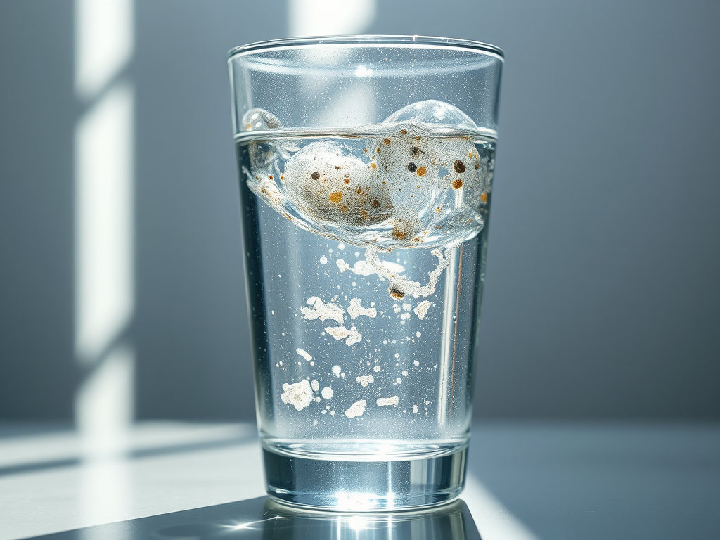 Vaso de agua con burbujas y pequeñas partículas flotantes en su interior, iluminado por luz natural.