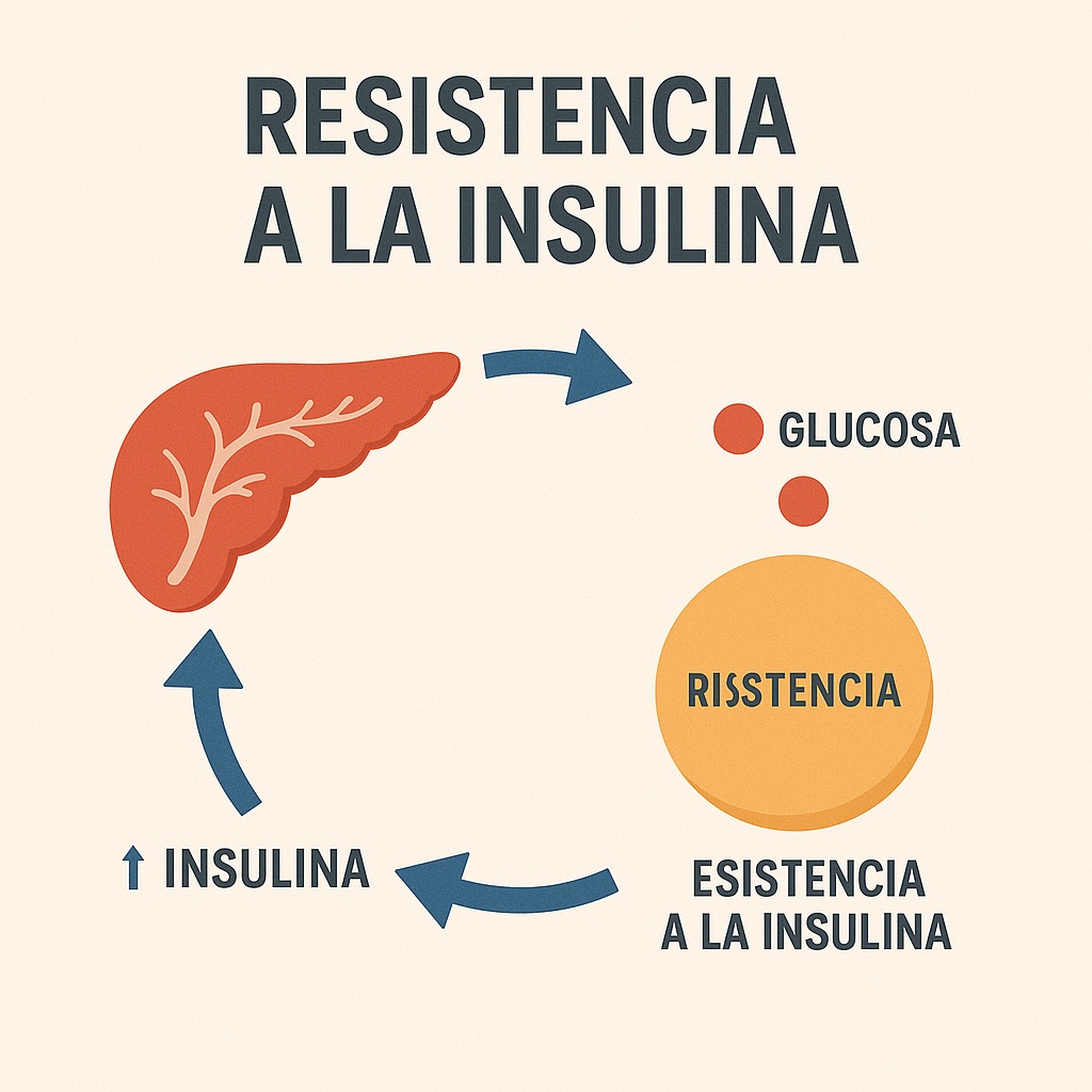 Ilustración que muestra el ciclo de la resistencia a la insulina, con flechas que apuntan entre el hígado, la insulina y la glucosa, destacando la relación entre estos elementos.