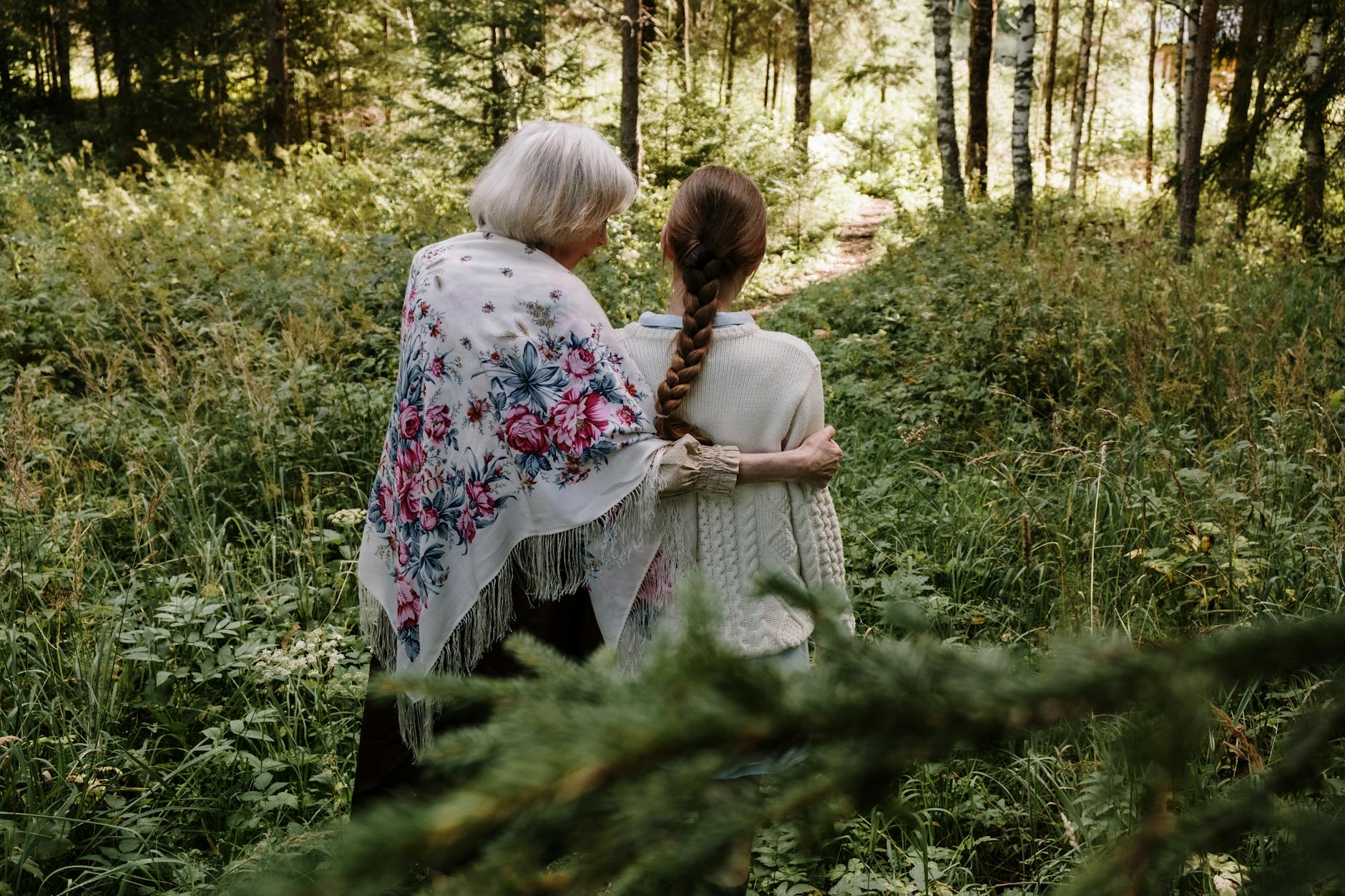 a woman at the forest with her grandmother